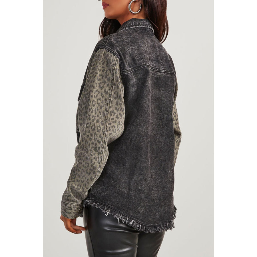 Raw Hem Leopard Snap Down Denim Jacket Apparel and Accessories