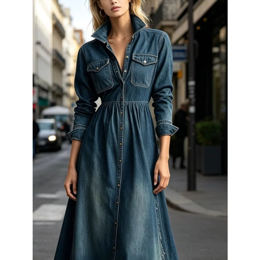 Raw Hem Long-Sleeve Denim Maxi Dress Apparel and Accessories