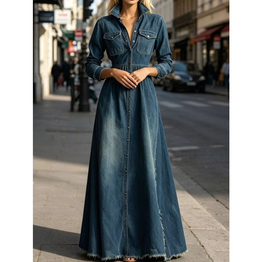 Raw Hem Long-Sleeve Denim Maxi Dress Apparel and Accessories