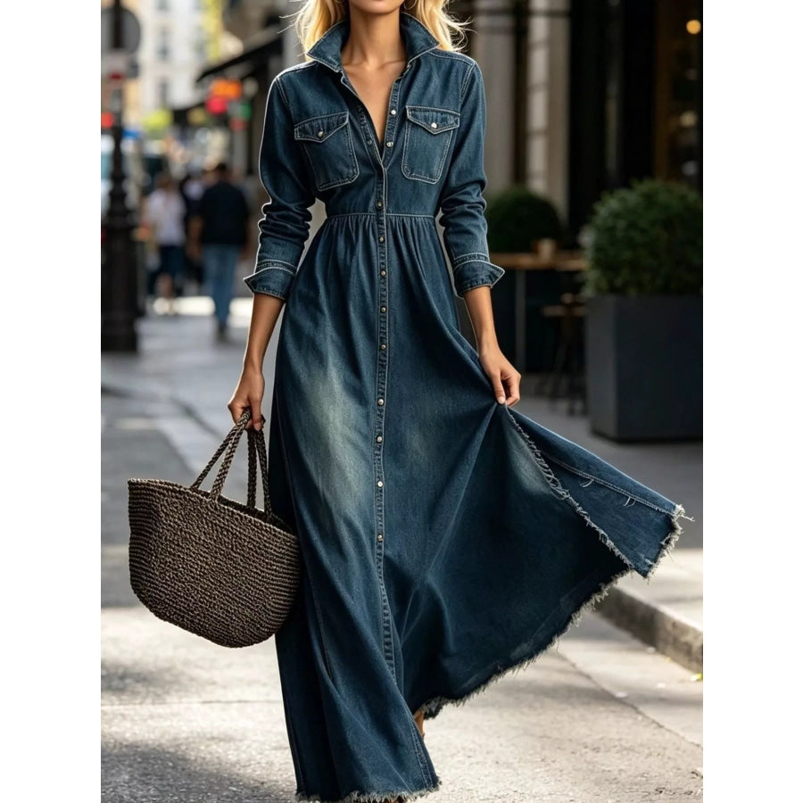 Raw Hem Long-Sleeve Denim Maxi Dress Dark Blue / S Apparel and Accessories