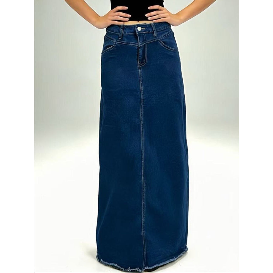 Raw Hem Maxi Denim Skirt Apparel and Accessories