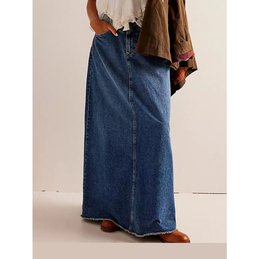 Raw Hem Maxi Denim Skirt Apparel and Accessories