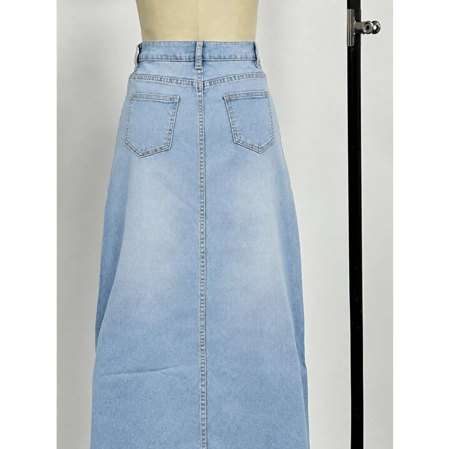 Raw Hem Maxi Denim Skirt Apparel and Accessories