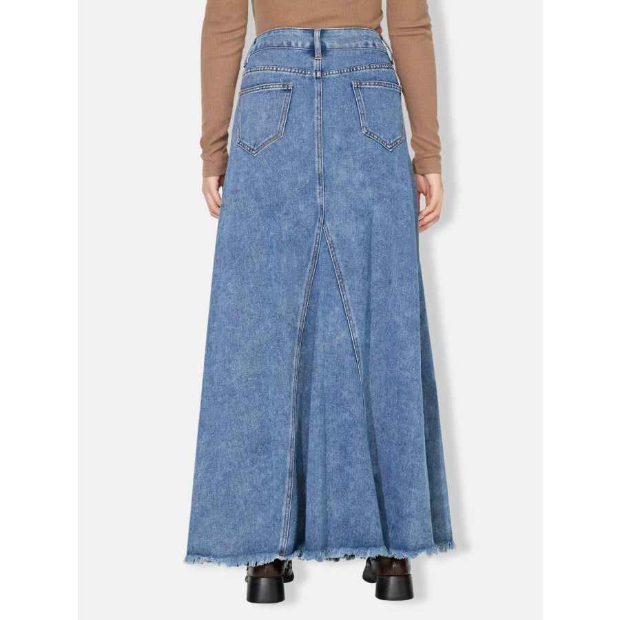 Raw Hem Maxi Denim Skirt Apparel and Accessories