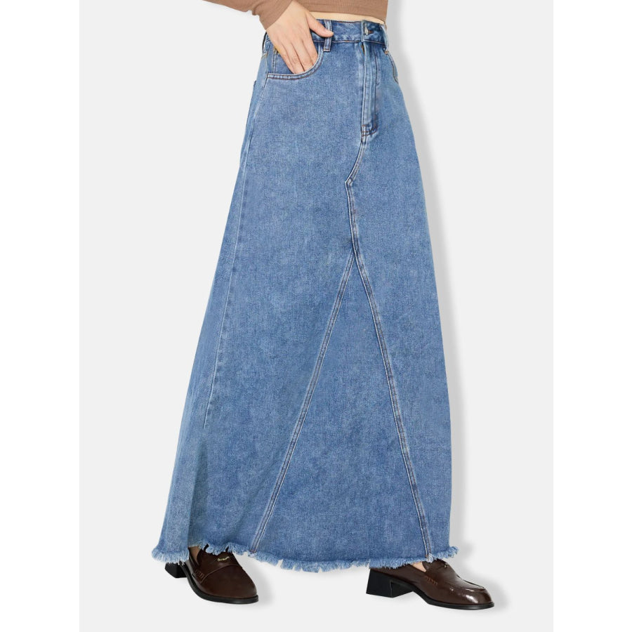 Raw Hem Maxi Denim Skirt Apparel and Accessories