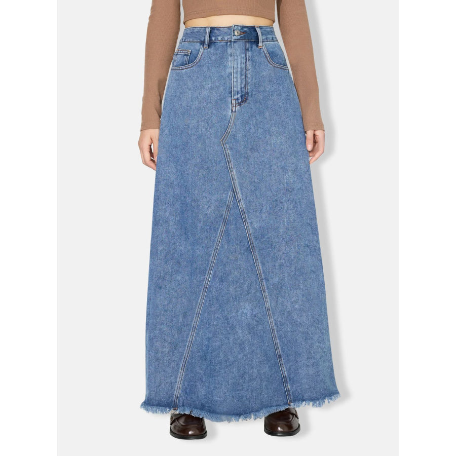 Raw Hem Maxi Denim Skirt Apparel and Accessories