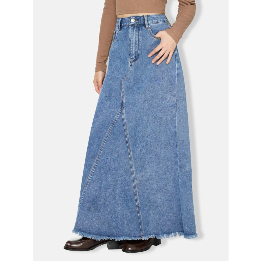 Raw Hem Maxi Denim Skirt Apparel and Accessories