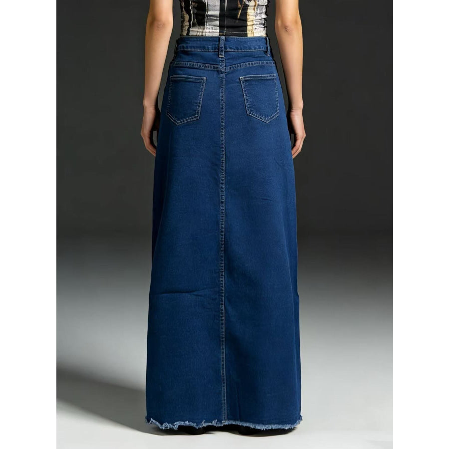 Raw Hem Maxi Denim Skirt Apparel and Accessories