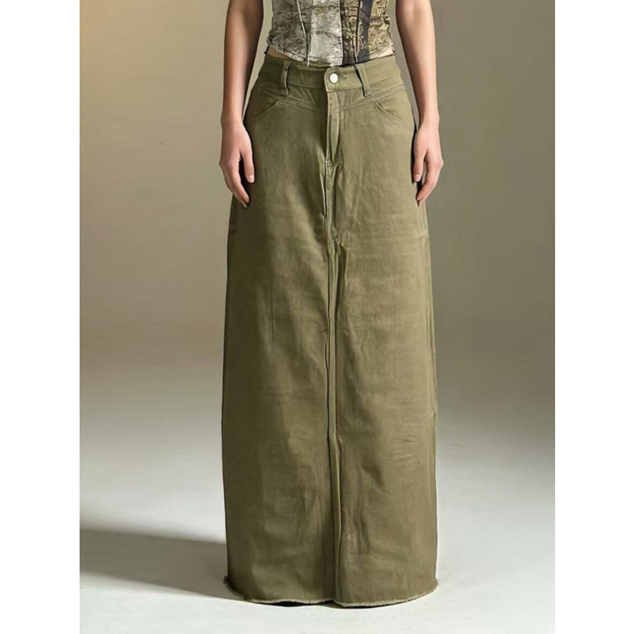 Raw Hem Maxi Denim Skirt Army Green / S Apparel and Accessories