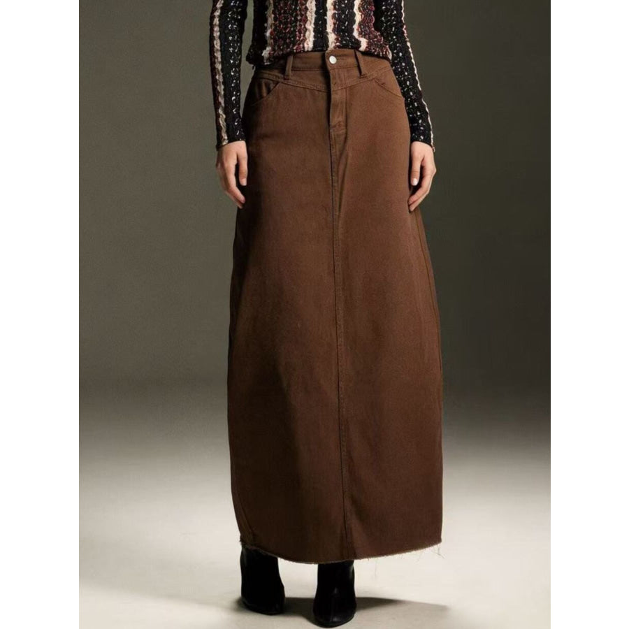 Raw Hem Maxi Denim Skirt Brown / S Apparel and Accessories