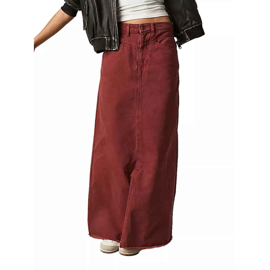 Raw Hem Maxi Denim Skirt Burgundy / S Apparel and Accessories
