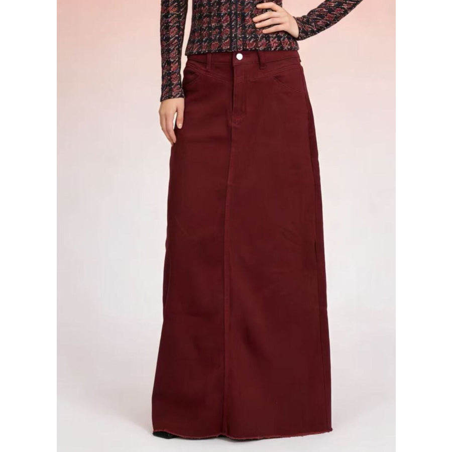 Raw Hem Maxi Denim Skirt Burgundy / S Apparel and Accessories