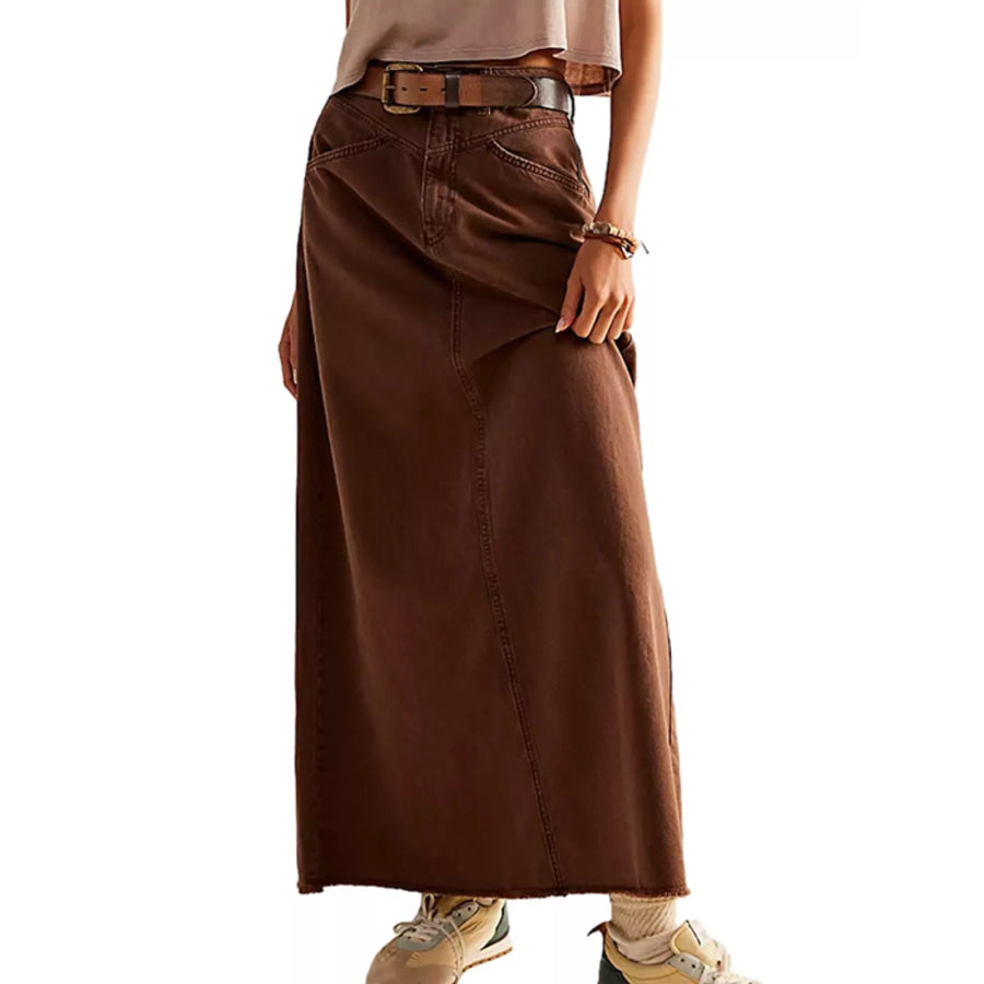 Raw Hem Maxi Denim Skirt Coffee / S Apparel and Accessories