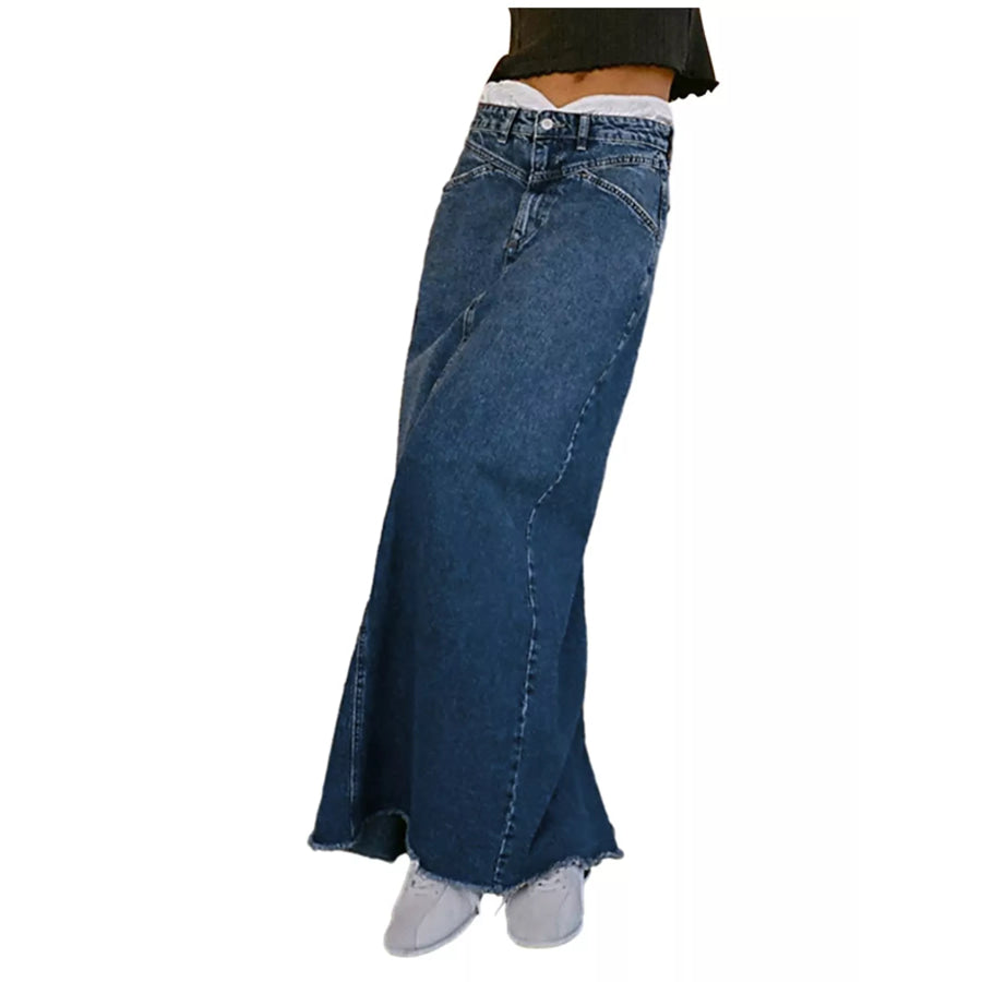 Raw Hem Maxi Denim Skirt Dark Blue / S Apparel and Accessories