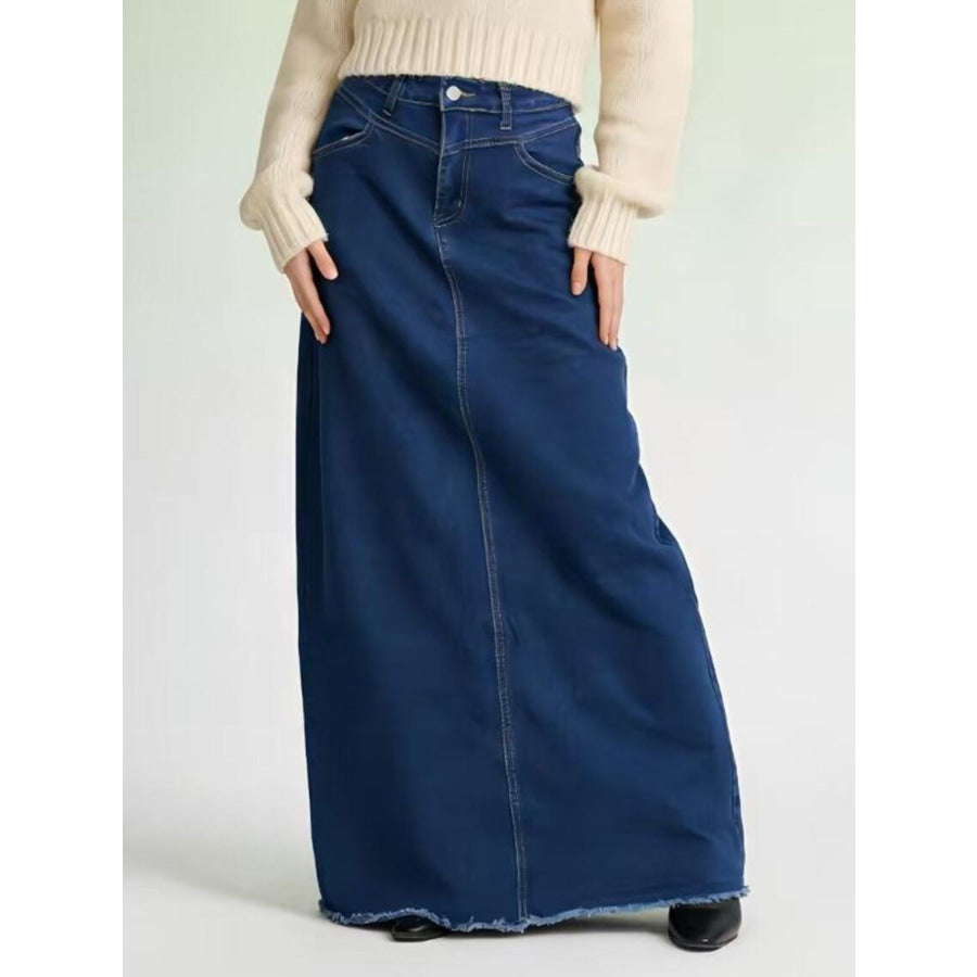 Raw Hem Maxi Denim Skirt Dark Blue / S Apparel and Accessories