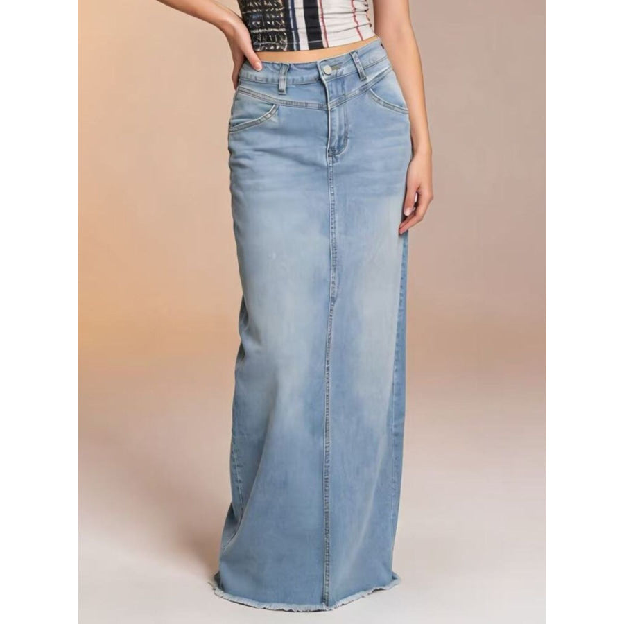 Raw Hem Maxi Denim Skirt Light Blue / S Apparel and Accessories