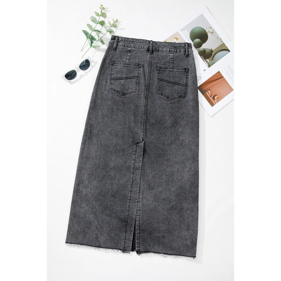 Raw Hem Midi Denim Skirt with Pockets Apparel and Accessories