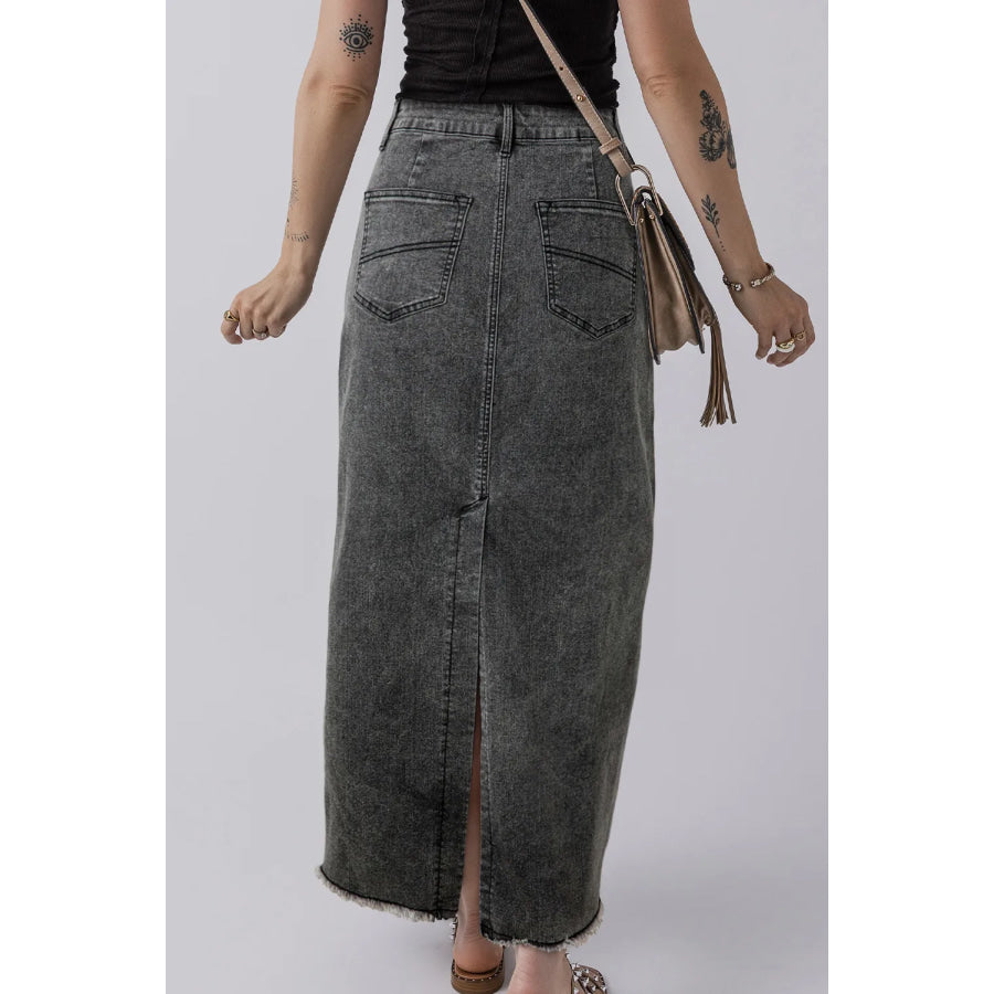 Raw Hem Midi Denim Skirt with Pockets Apparel and Accessories