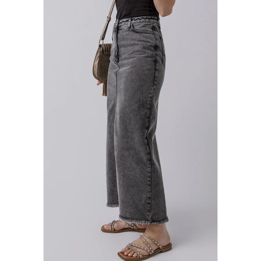 Raw Hem Midi Denim Skirt with Pockets Apparel and Accessories