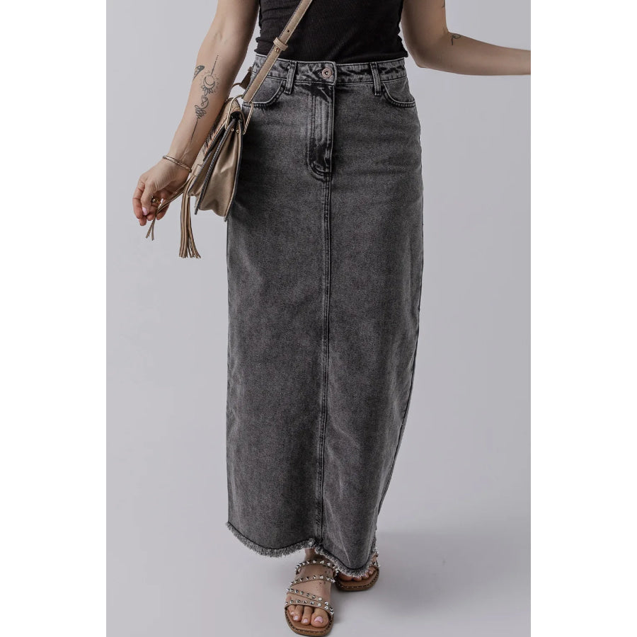 Raw Hem Midi Denim Skirt with Pockets Apparel and Accessories