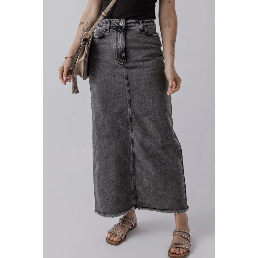 Raw Hem Midi Denim Skirt with Pockets Apparel and Accessories