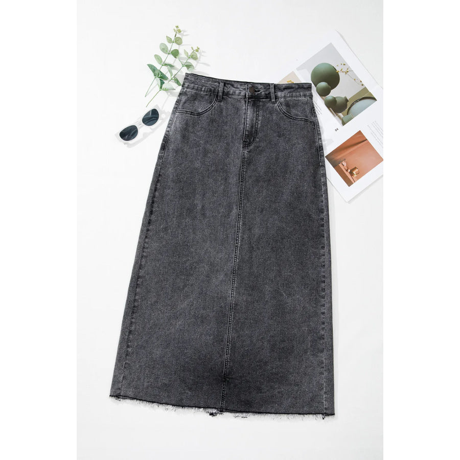 Raw Hem Midi Denim Skirt with Pockets Apparel and Accessories