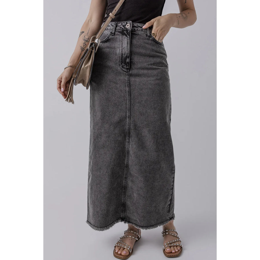 Raw Hem Midi Denim Skirt with Pockets Dark / S Apparel and Accessories