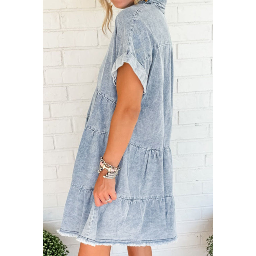 Raw Hem Notched Short Sleeve Denim Dress Apparel and Accessories