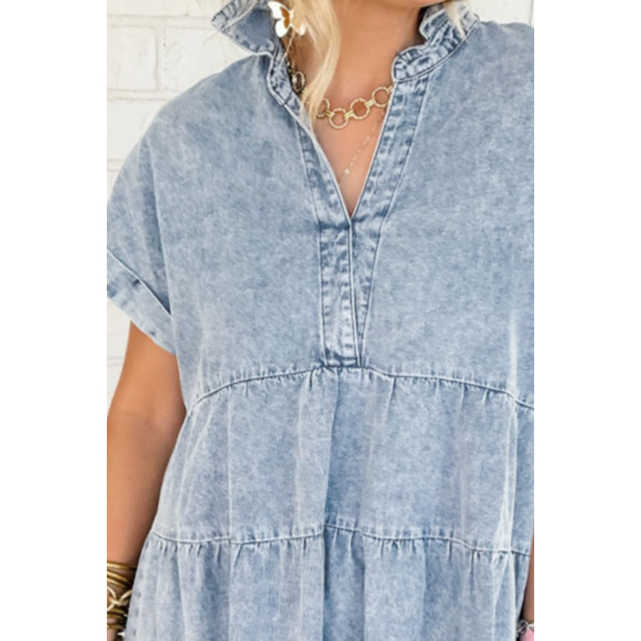 Raw Hem Notched Short Sleeve Denim Dress Apparel and Accessories