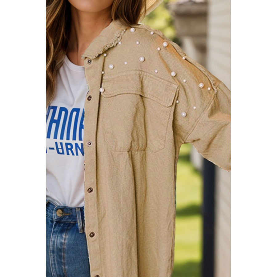 Raw Hem Peal Trim Dropped Shoulder Denim Jacket Apparel and Accessories