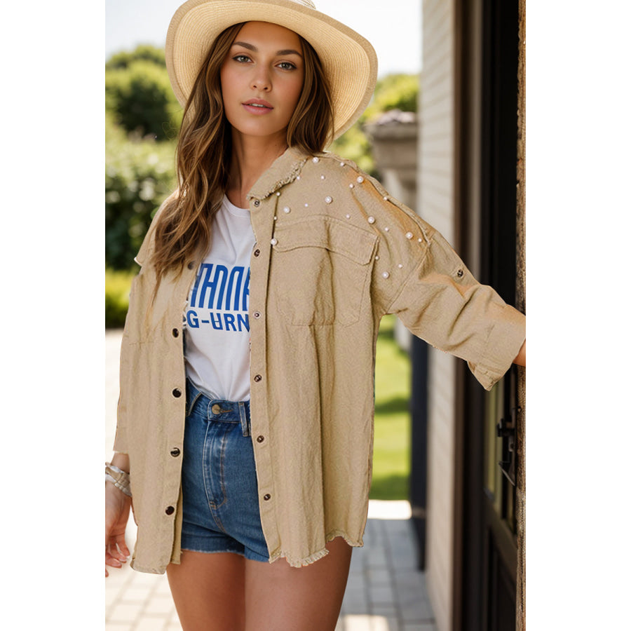 Raw Hem Peal Trim Dropped Shoulder Denim Jacket Tan / S Apparel and Accessories