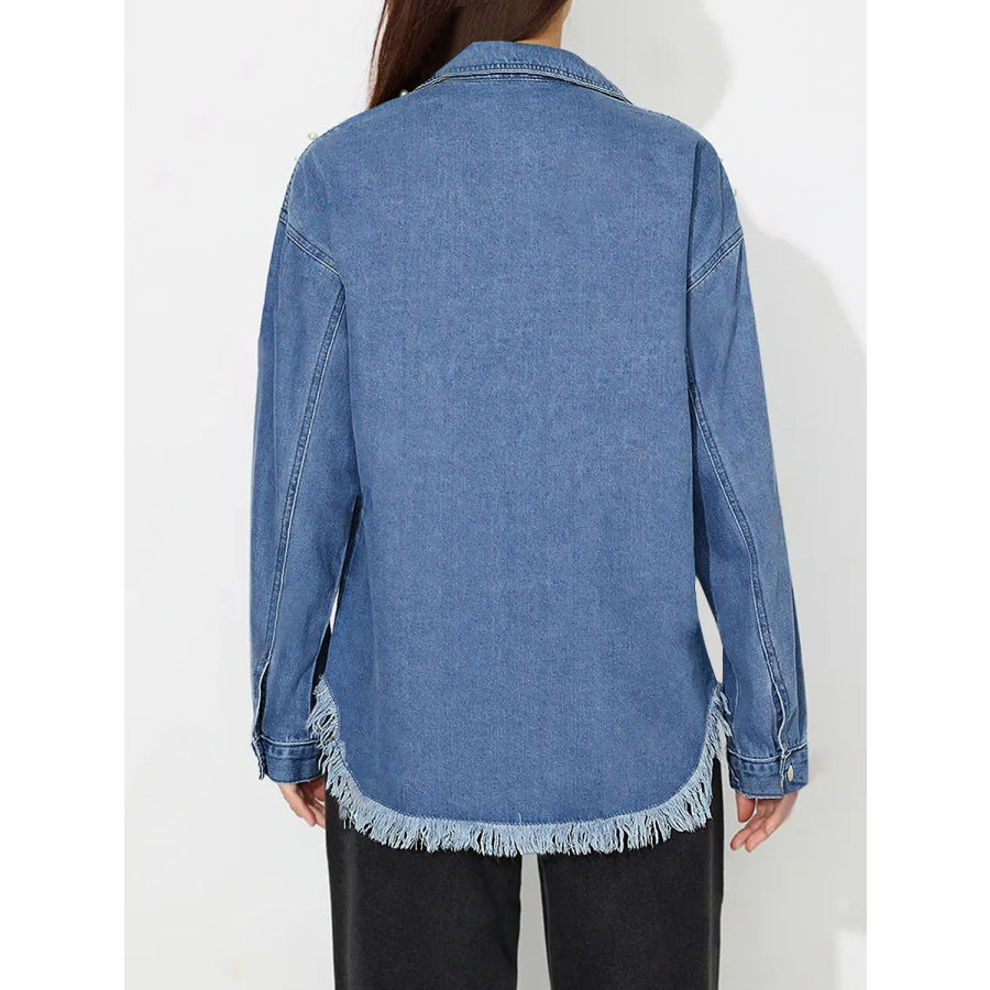 Raw Hem Pearl Trim Collared Neck Denim Top Apparel and Accessories