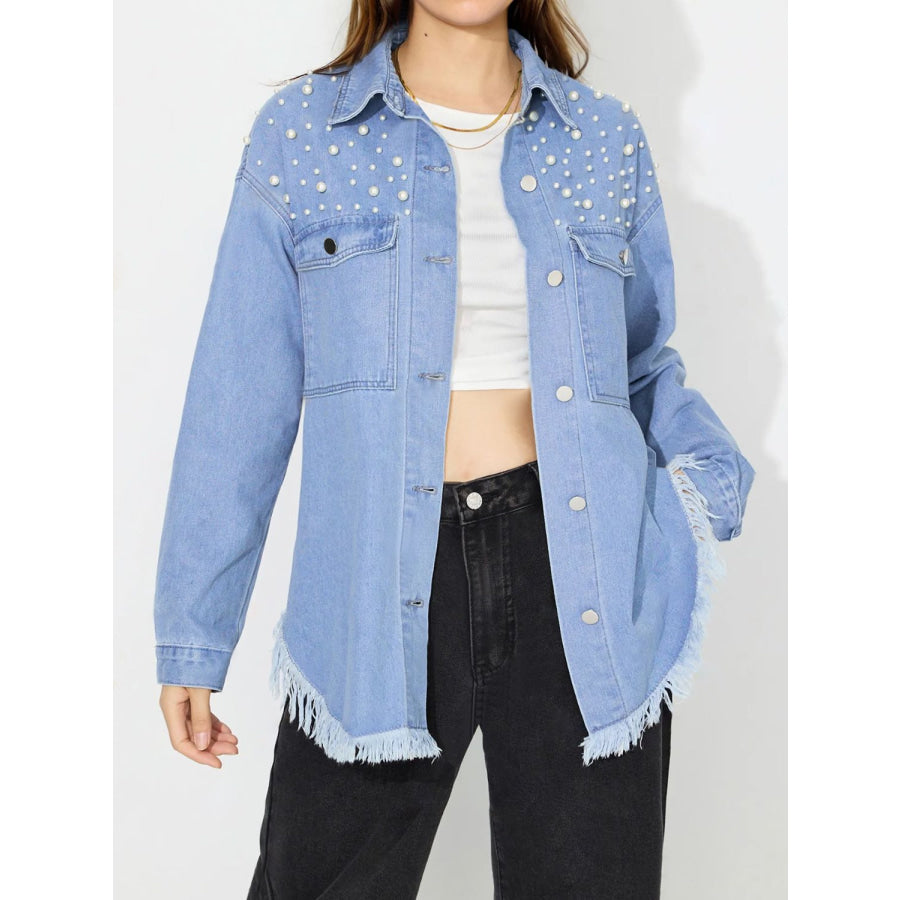 Raw Hem Pearl Trim Collared Neck Denim Top Apparel and Accessories