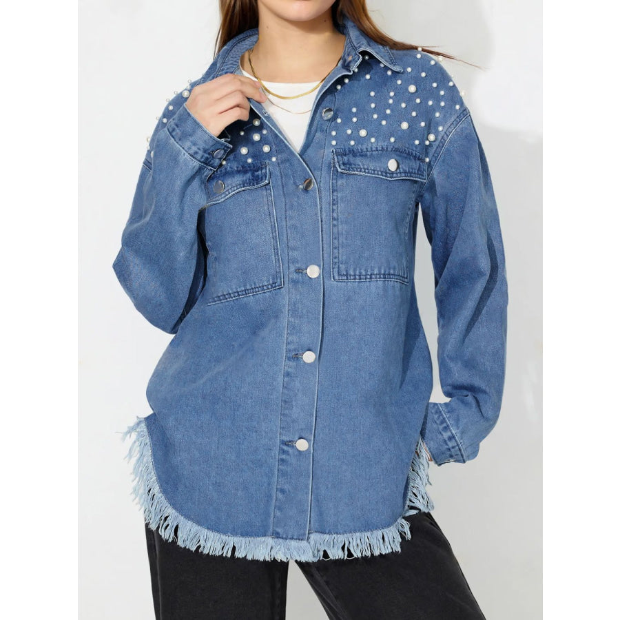 Raw Hem Pearl Trim Collared Neck Denim Top Apparel and Accessories