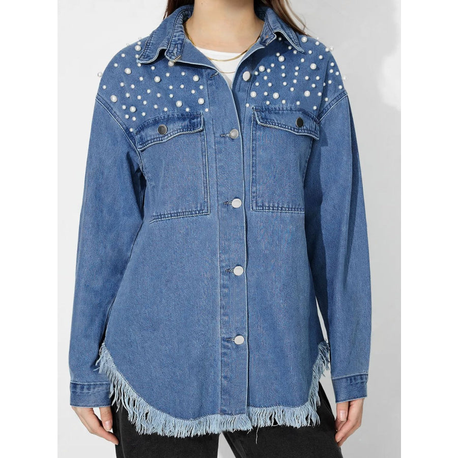 Raw Hem Pearl Trim Collared Neck Denim Top Apparel and Accessories