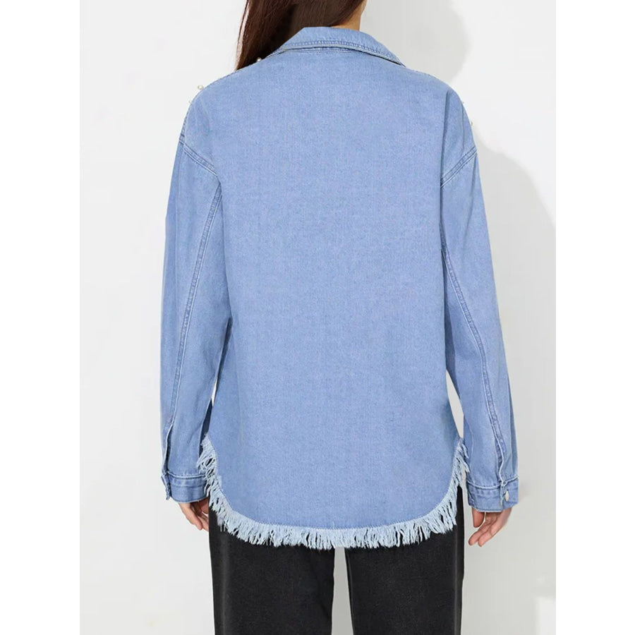 Raw Hem Pearl Trim Collared Neck Denim Top Apparel and Accessories