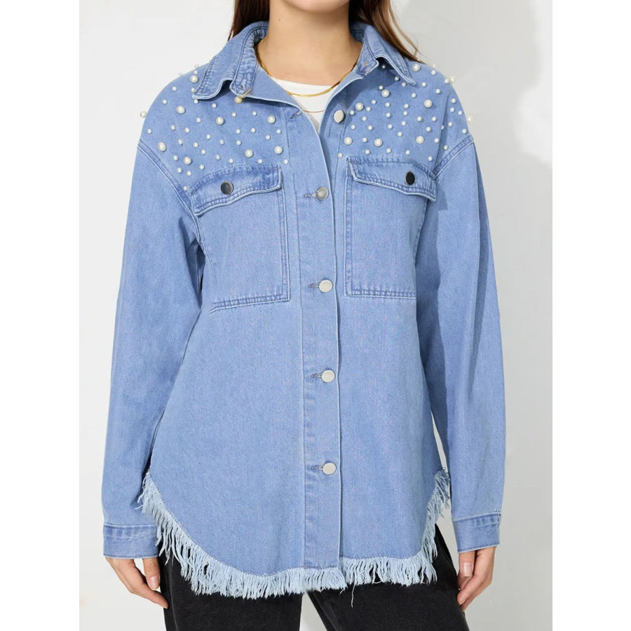 Raw Hem Pearl Trim Collared Neck Denim Top Apparel and Accessories