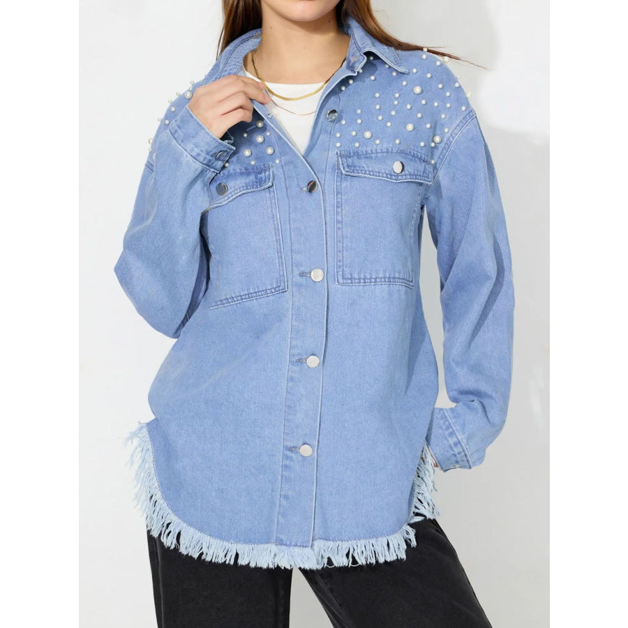 Raw Hem Pearl Trim Collared Neck Denim Top Apparel and Accessories