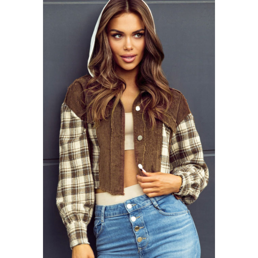 Raw Hem Plaid Cropped Hooded Jacket Apparel and Accessories