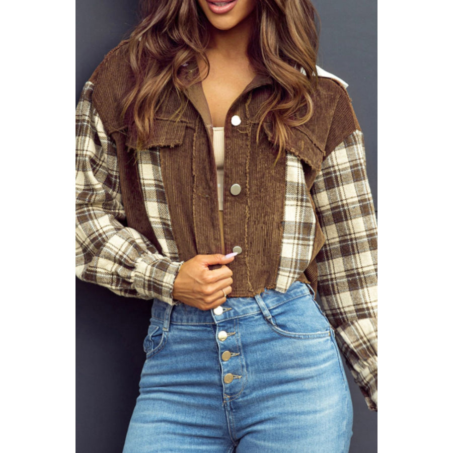 Raw Hem Plaid Cropped Hooded Jacket Apparel and Accessories