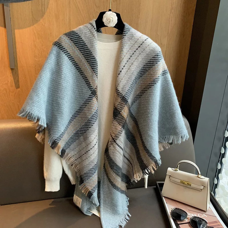 Raw Hem Plaid Scarf Light Blue / ONESIZE Apparel and Accessories