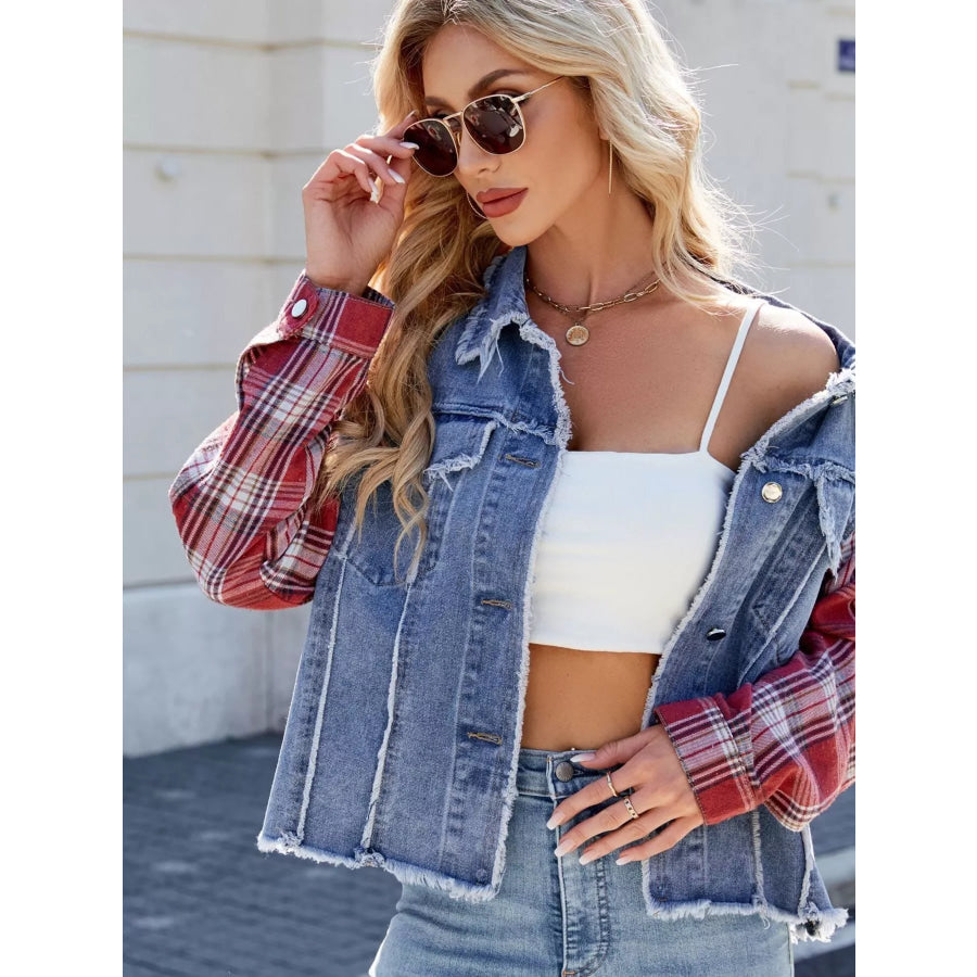 Raw Hem Plaid Sleeve Denim Jacket Apparel and Accessories