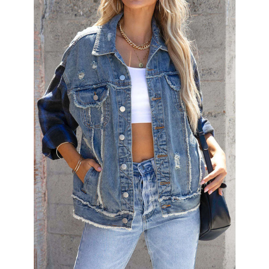 Raw Hem Plaid Sleeve Denim Jacket Medium / S Apparel and Accessories