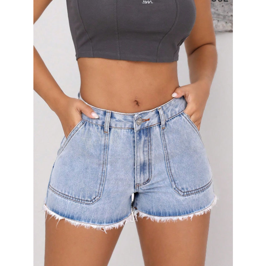 Raw Hem Pocketed Denim Shorts Apparel and Accessories