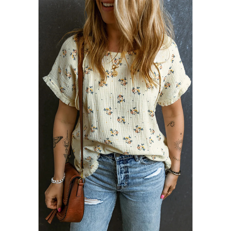 Raw Hem Printed Round Neck Short Sleeve Top Apparel and Accessories