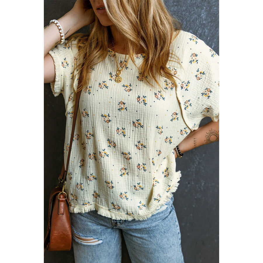 Raw Hem Printed Round Neck Short Sleeve Top Apparel and Accessories