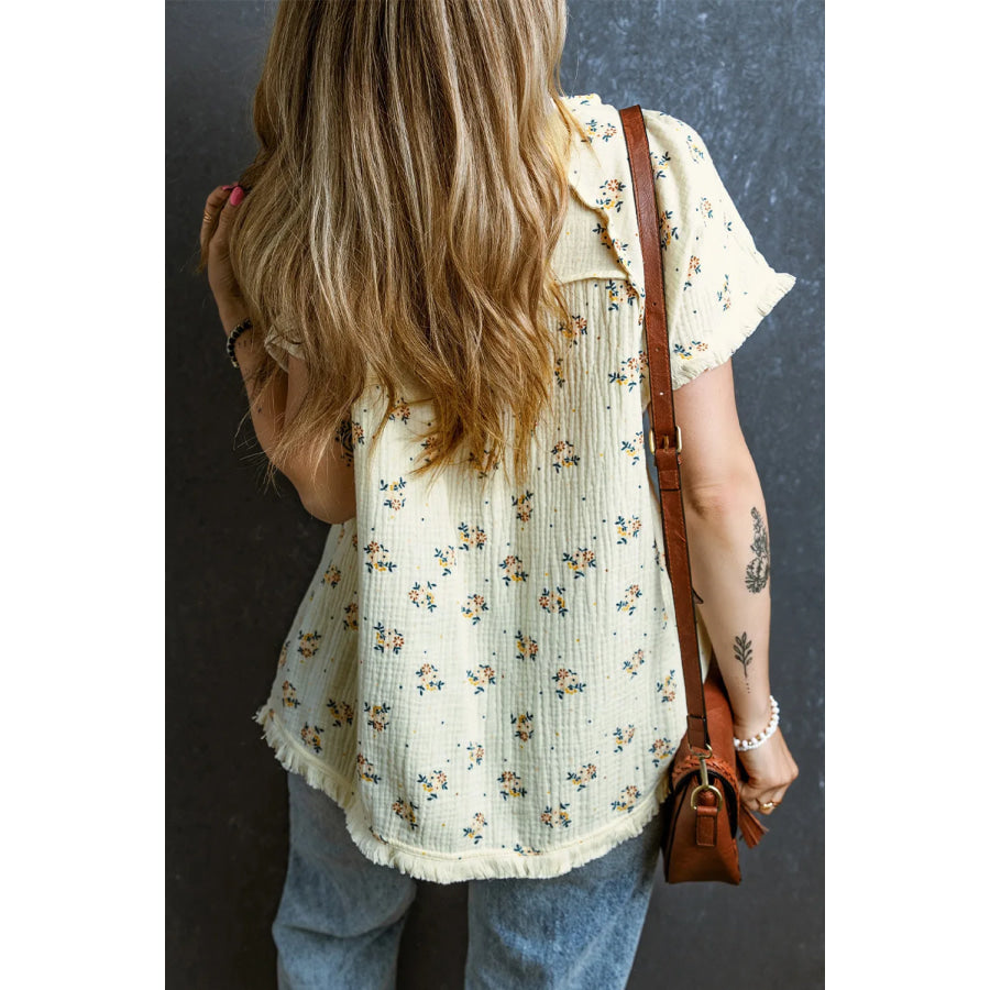 Raw Hem Printed Round Neck Short Sleeve Top Ivory / S Apparel and Accessories