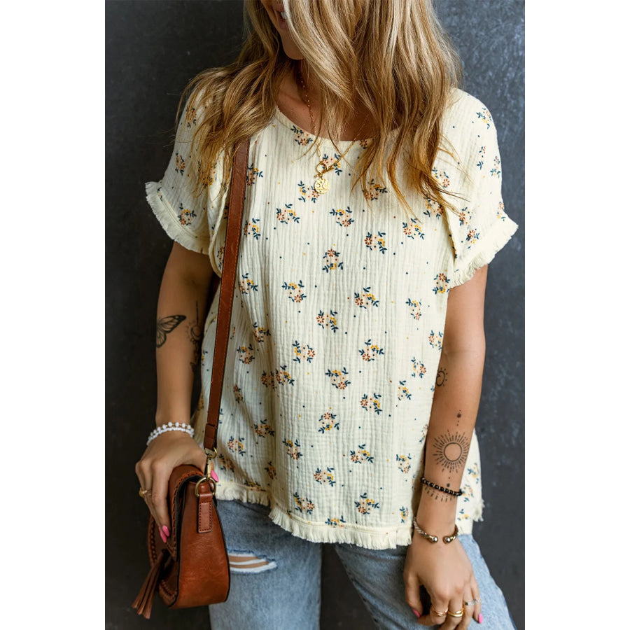 Raw Hem Printed Round Neck Short Sleeve Top Ivory / S Apparel and Accessories