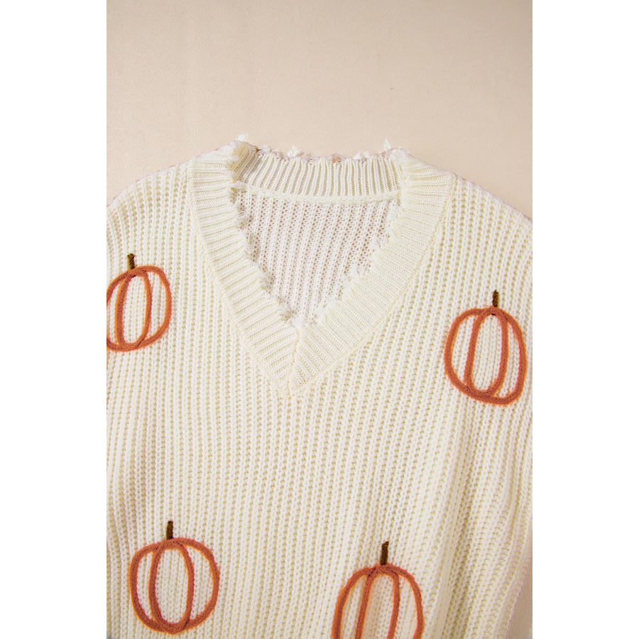 Raw Hem Pumpkin V-Neck Long Sleeve Sweater Apparel and Accessories