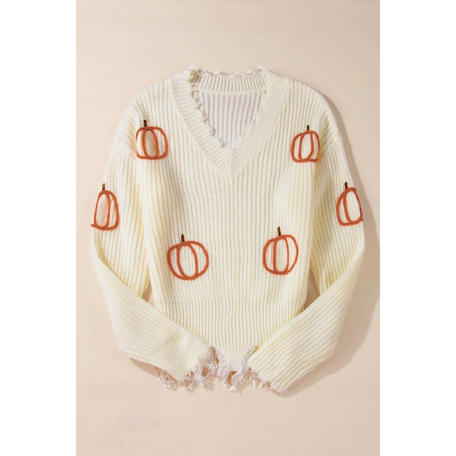 Raw Hem Pumpkin V-Neck Long Sleeve Sweater Beige / S Apparel and Accessories